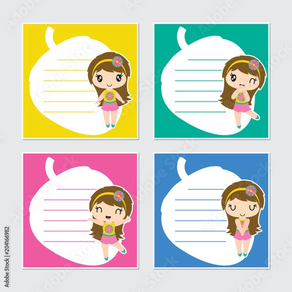 Fototapeta Cute colorful beach girl frame vector cartoon illustration for summer memo paper design, stationery and planner sticker