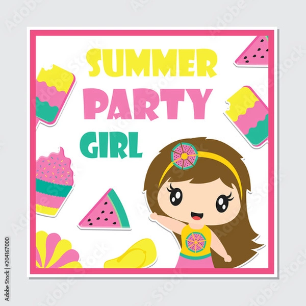 Fototapeta Cute beach girl and summer elements frame vector cartoon illustration for birthday card design, postcard, and wallpaper