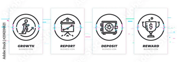 Obraz Glitched stick on stairs, presenter, safe, cup icons set.