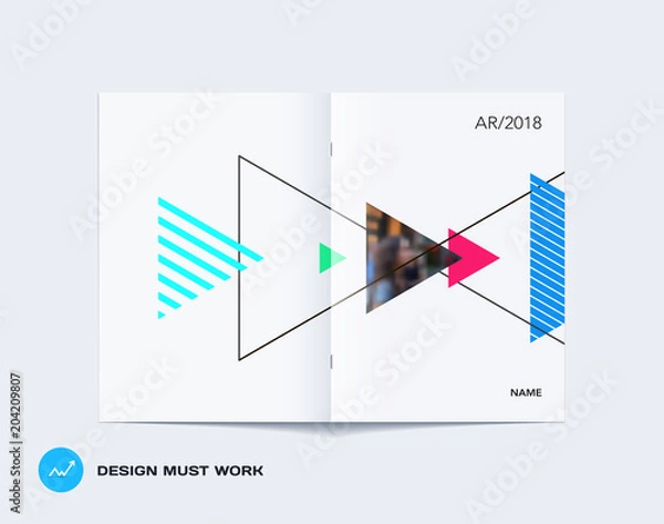 Fototapeta Abstract double-page brochure design style with colourful triangles for branding. Business vector presentation broadside.