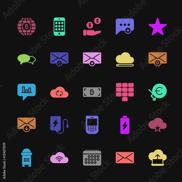Fototapeta Modern Simple Colorful Set of money, cloud and networking, chat and messenger, mobile, email Vector fill Icons. Contains such Icons as  and more on dark background. Fully Editable. Pixel Perfect