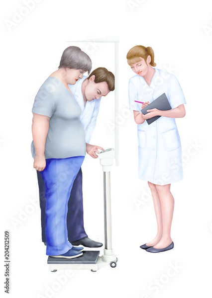 Obraz Doctor and his assistent measure weight and height of an old patient