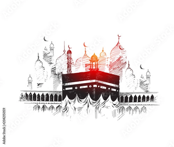 Fototapeta Holy Kaaba in Mecca Saudi Arabia, Hand Drawn Sketch Vector illustration.