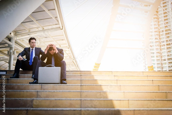 Fototapeta Asian Businessman feel sad and frustrated upset fail in life.