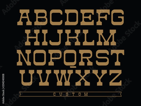 Fototapeta Western typeface. Vector alphabet with latin letters in balck and gold theme
