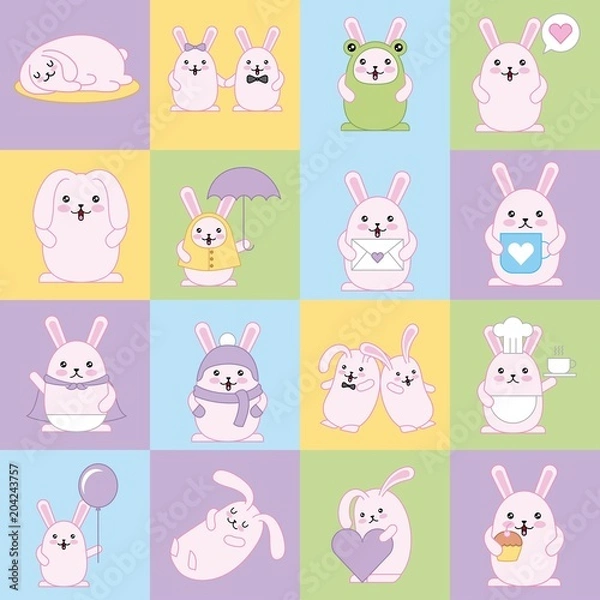 Fototapeta kawaii cats in square background color decoration vector illustration