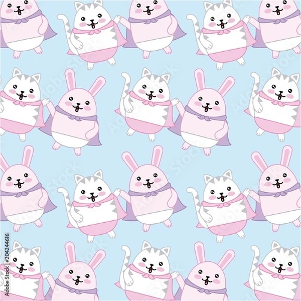 Obraz kawaii cat and rabbit with cape characters background vector illustration