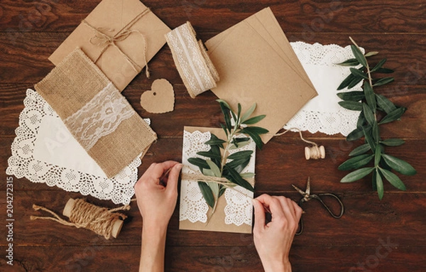 Obraz How to make Wedding Invitation. Rustic Diy concept. Handmade handcrafted items Flat lay