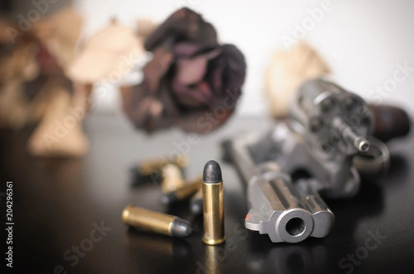 Obraz Guns and roses, revolver and ammunitions