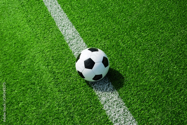 Fototapeta Fussball auf der Linie, klassisch schwarz weiss, grüner Kunstrasen im Sommer draussen