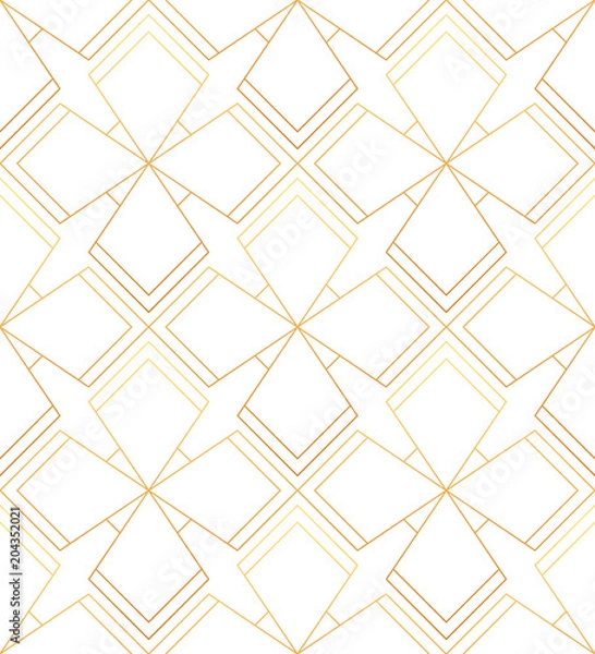 Fototapeta Seamless golden flowers leaves lines geometric modern pattern. Fashion and luxury background with rhombus, triangles.