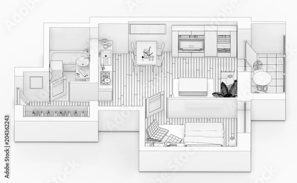 Fototapeta Line drawing floor plan on a white background, Mock up of furnished home apartment
