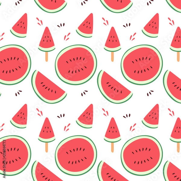 Obraz Watermelon sliced hand drawn vector illustration seamless pattern