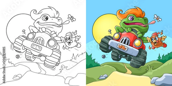 Fototapeta Frog Racer. A coloring Book Page with colored example