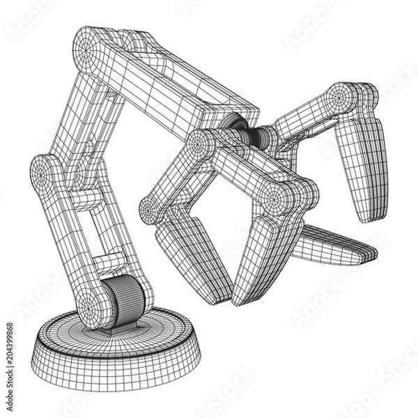 Fototapeta Robotic arm manufacture technology industry assembly mechanic hand wireframe low poly mesh vector illustration