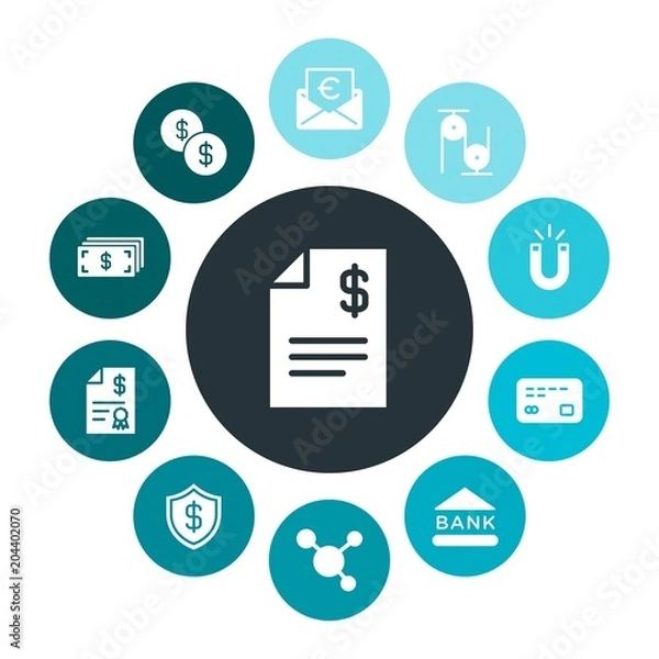 Fototapeta business, science, money Infographic Colorful fill Icons Set. Contains such Icons as  document, element, finance,  money,  vintage,  paying,  american,  buy and more. Fully Editable. Pixel Perfect