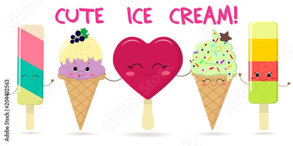 Fototapeta A set of five different sweet ice cream smiley on a background with text. Cartoon Style. Flat , vector illustration.