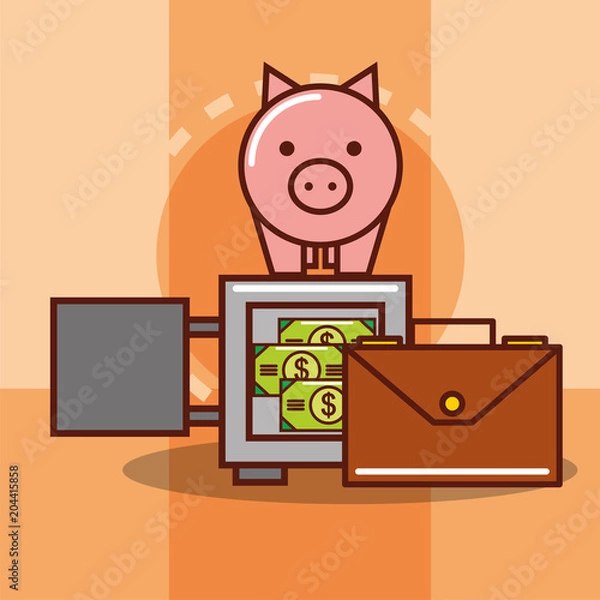 Fototapeta piggy bank on safe box and business briefcase vector illustration