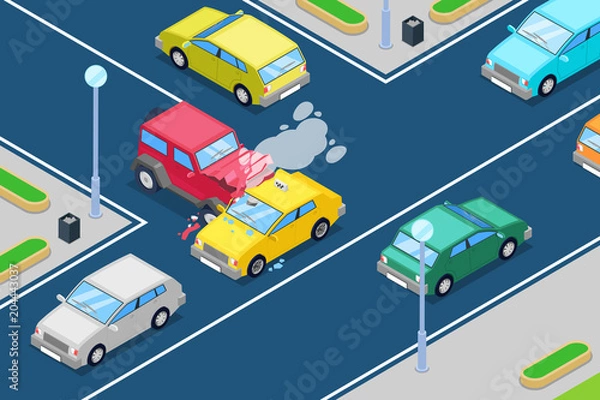 Fototapeta Car crash, vector isometric 3D illustration. Street accident at intersection of the main and secondary roads.