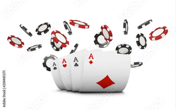 Fototapeta Playing cards and poker chips fly casino. Concept on white background. Poker casino vector illustration. Red and black realistic chip in the air. Gambling concept, poker mobile app icon