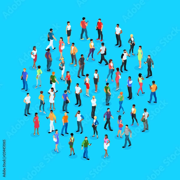 Fototapeta Set of isometric people with different skin color.
