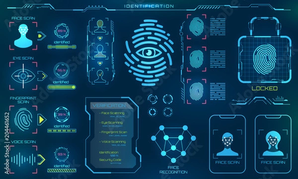 Fototapeta Biometryczny system identyfikacji lub rozpoznawania osoby, ikony liniowe znaku weryfikacji tożsamości