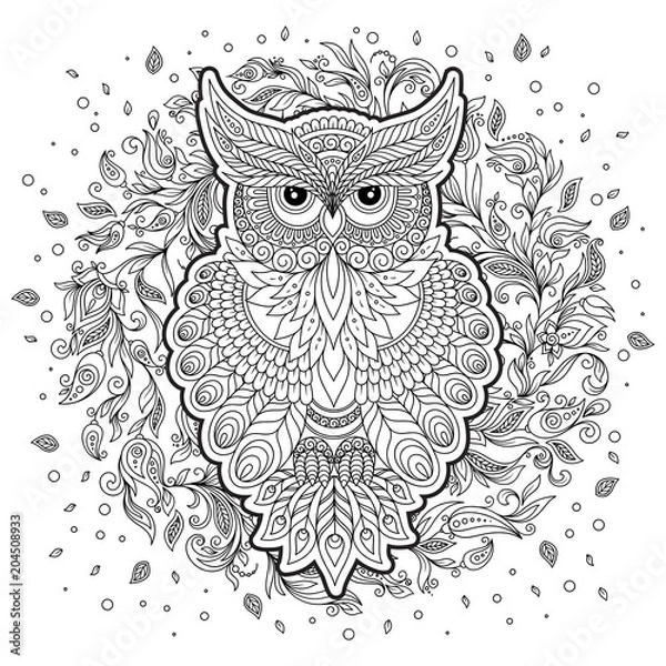 Fototapeta  Coloring page with cute owl and floral frame.
