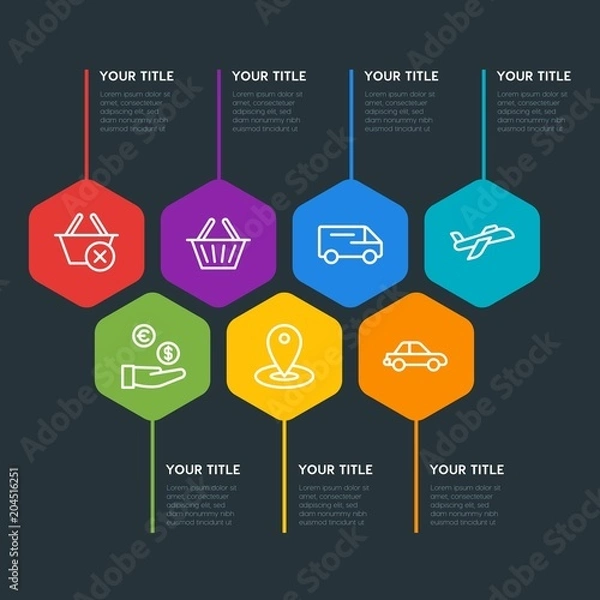 Fototapeta Flat geometric transports, industry, shopping infographic steps template with 7 options for presentations, advertising, annual reports