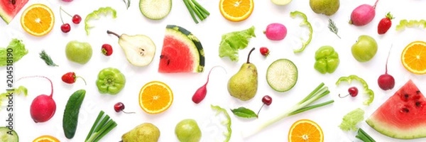Obraz Various vegetables and fruits isolated on white background, top view, flat layout. Concept of healthy eating, food background.