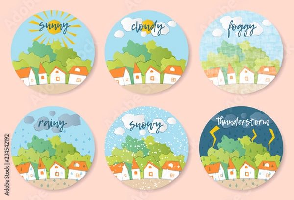 Obraz Weather Forecast in papercut style.  Sunny, cloudy, foggy, rainy, snowy, stormy days. Children's applique style