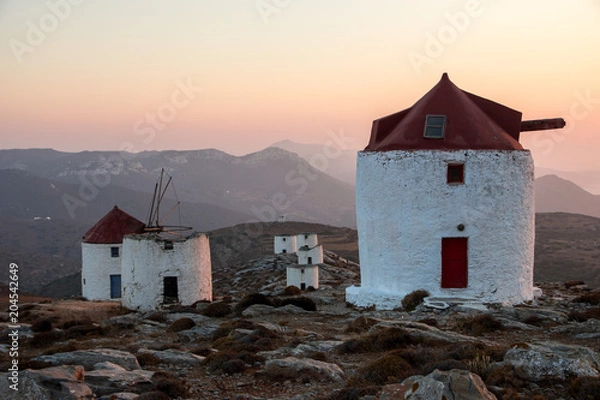 Fototapeta A series of deserted windmills at the top of Chora of Amorgos