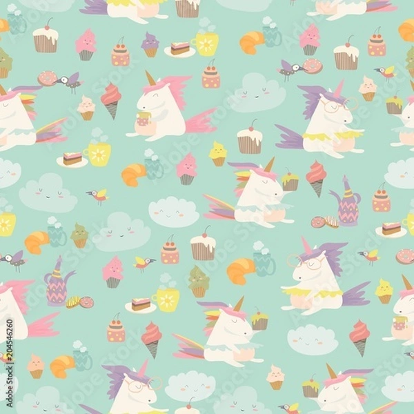 Fototapeta Vector cartoon seamless pattern unicorn with cake and coffee