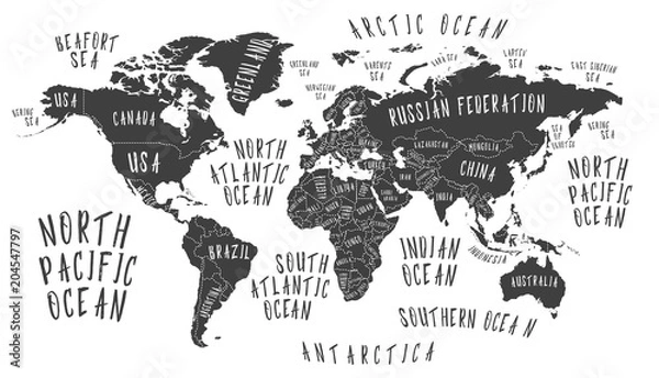 Fototapeta Mapa Ziemi z nazwami krajów