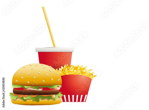 Fototapeta Menu fast-food-frites,soda,hamburger sur fond blanc