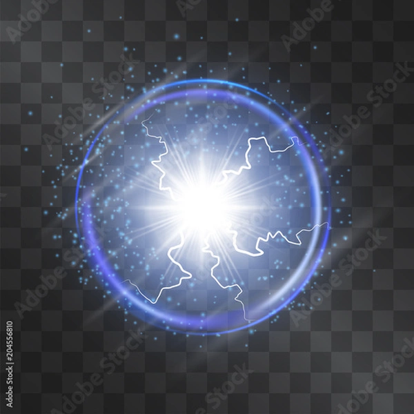 Fototapeta Plasma globe energy beams light effect isolated on transparent background. Neon blue electric lightnings in the clear glass sphere with dim flares on the surface. Glowing filaments mystic lamp.