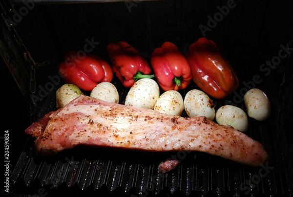 Obraz Steak board with tomatoes onions