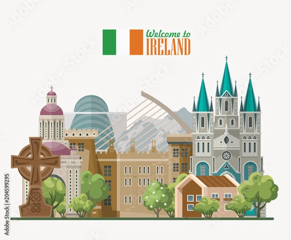 Obraz Ireland vector illustration with landmarks, irish castle, green fields.