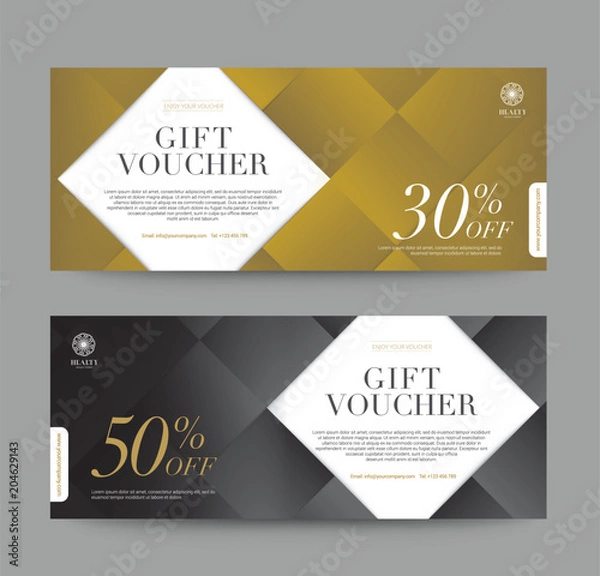 Fototapeta Gift voucher greenery tropical plant leaf spring and summer. For spa resort luxury hotel, logo, banner, fabric pattern, organic texture. Minimal style on white background. Vector illustration.