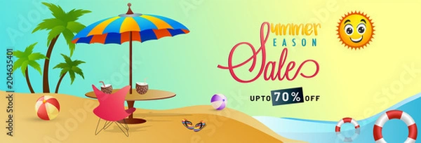 Fototapeta Summer sale, web banner or header design with beach view.