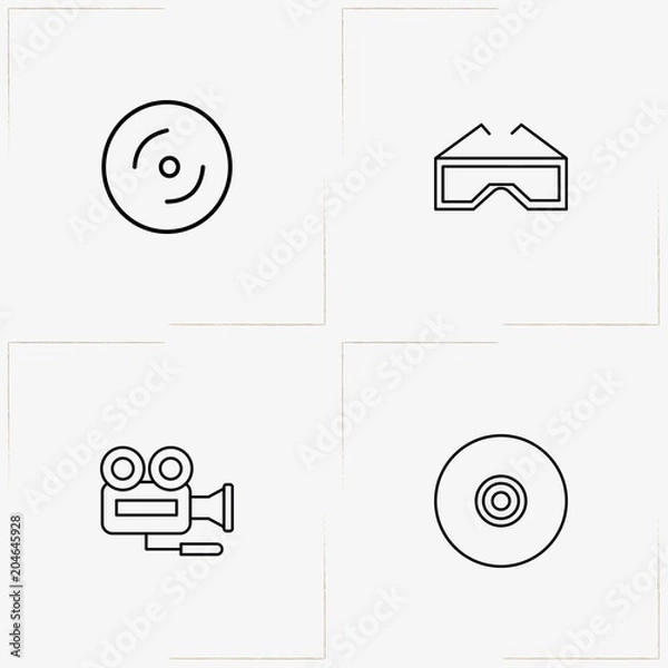 Fototapeta Cinema line icon set with compact disk, video camera and cinema spectacles