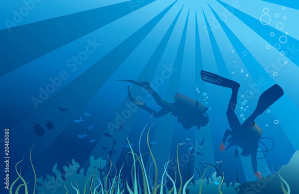 Obraz Scuba divers, sea  life. Vector illustration