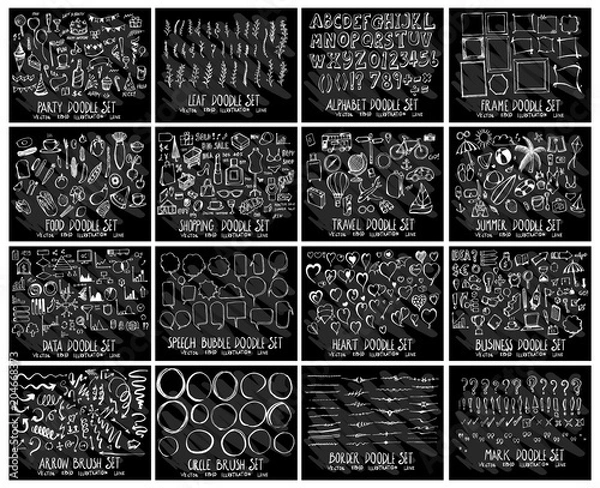 Fototapeta Duży zestaw kolekcji elementów doodles strony, liść, czcionka, rama, jedzenie, zakupy, podróż, lato, informacje, bańka, serce, biznes, strzałka, okrąg, obramowanie, znak na tablicy eps10