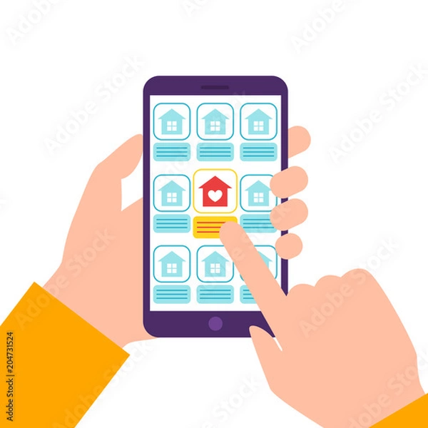 Fototapeta Vector flat illustration about house hunting. Search a new house app, hands holding a smartphone. Modern icon with pointing finger on white isolated background..