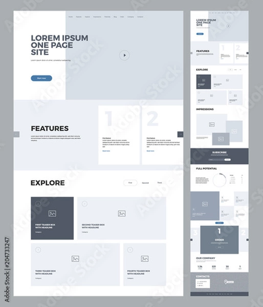 Fototapeta One page website design template for business. Landing page wireframe. Flat modern responsive design. Ux ui website: home, features, explore, impressions, potential, blog, order, company, contacts.