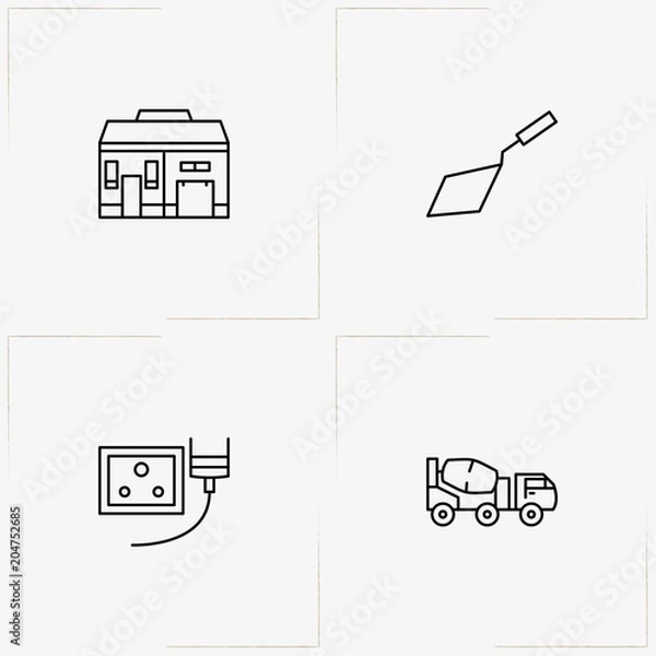Fototapeta Construction line icon set with house, concrete mixer  and trowel