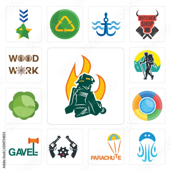 Fototapeta Set of firemen, jellyfish, parachute, revolver, gavel, , cabbage, trekking, woodwork icons