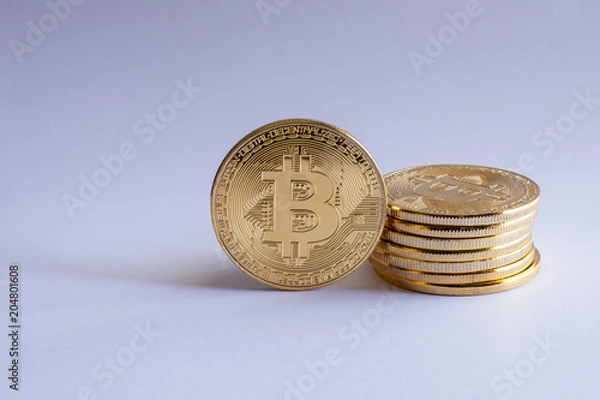 Obraz Stack of isolated Bitcoins on white background