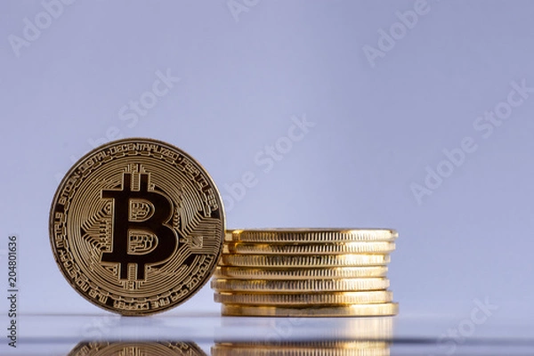 Obraz Stack of Bitcoins on white background