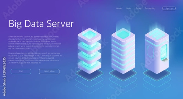 Fototapeta 3d Vector Isometric Set of Big Data Center Server