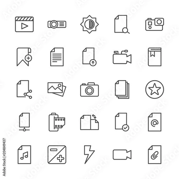 Obraz Modern Simple Set of video, photos, bookmarks, files Vector outline Icons. Contains such Icons as music,  lens, projector,  entertainment and more on white background. Fully Editable. Pixel Perfect.